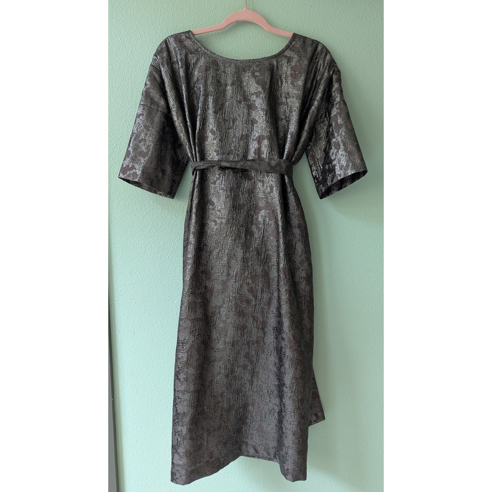 NWOT Humanoid Sanny Metallic Jacquard Midi Wrap Dress Bronze Silver Floral - Picture 2 of 9
